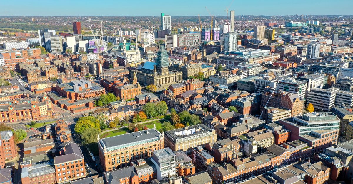 Aerial photo taken on the centre of Leeds in the UK